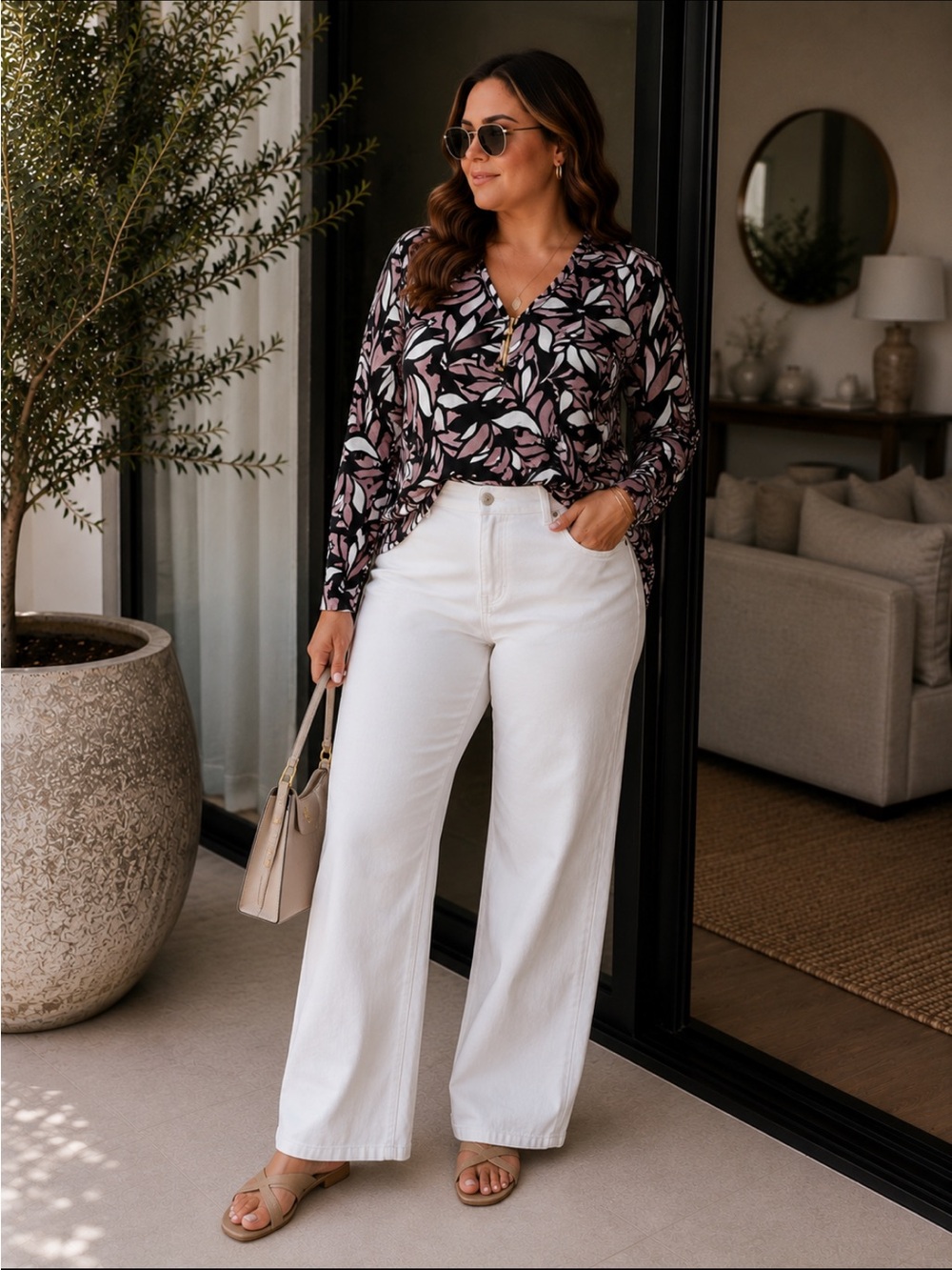 NWT Liz Claiborne Floral Blouse XL Black White Mauve Long Sleeve V Neck Top
